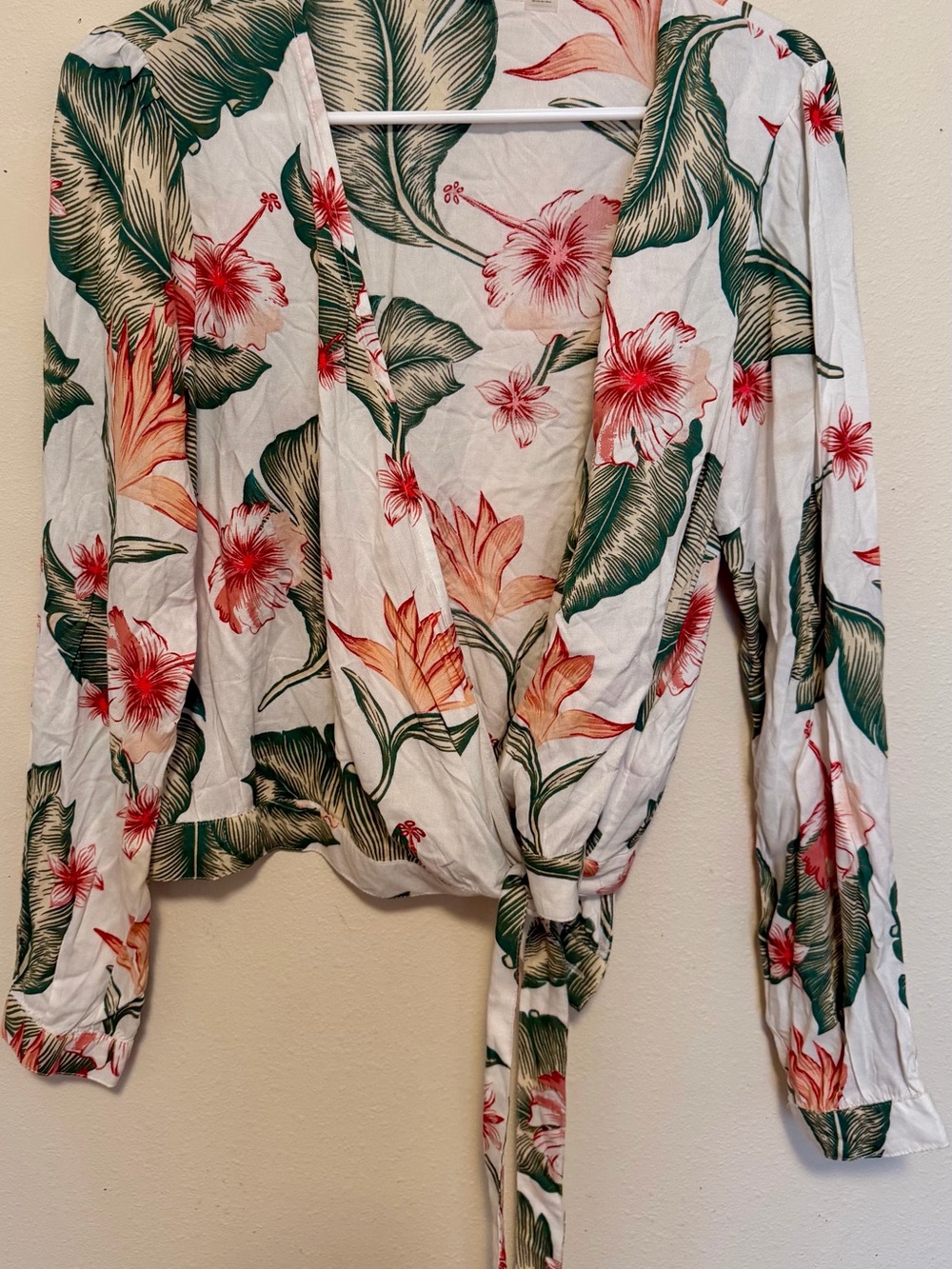 Roxy Tropical Floral Wrap Tie Blouse White Green Pink Long Sleeve